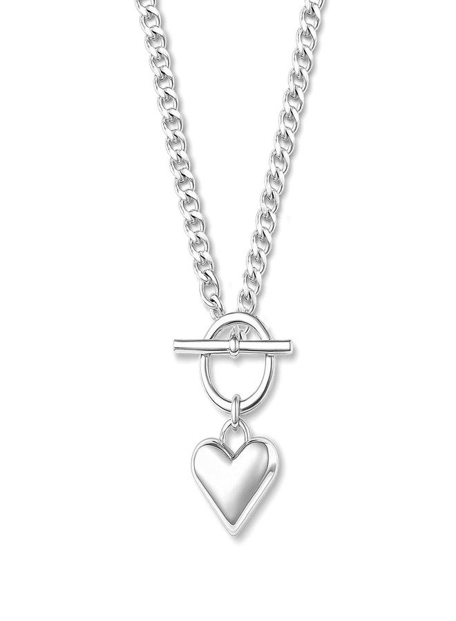 Zeffy Silver Chunky Puffy Heart Necklace Big Heart Chain Link Necklace Toggle Clasp Heart Charm Necklaces Birthday Christmas Gifts for Women Jewelry - Image 1